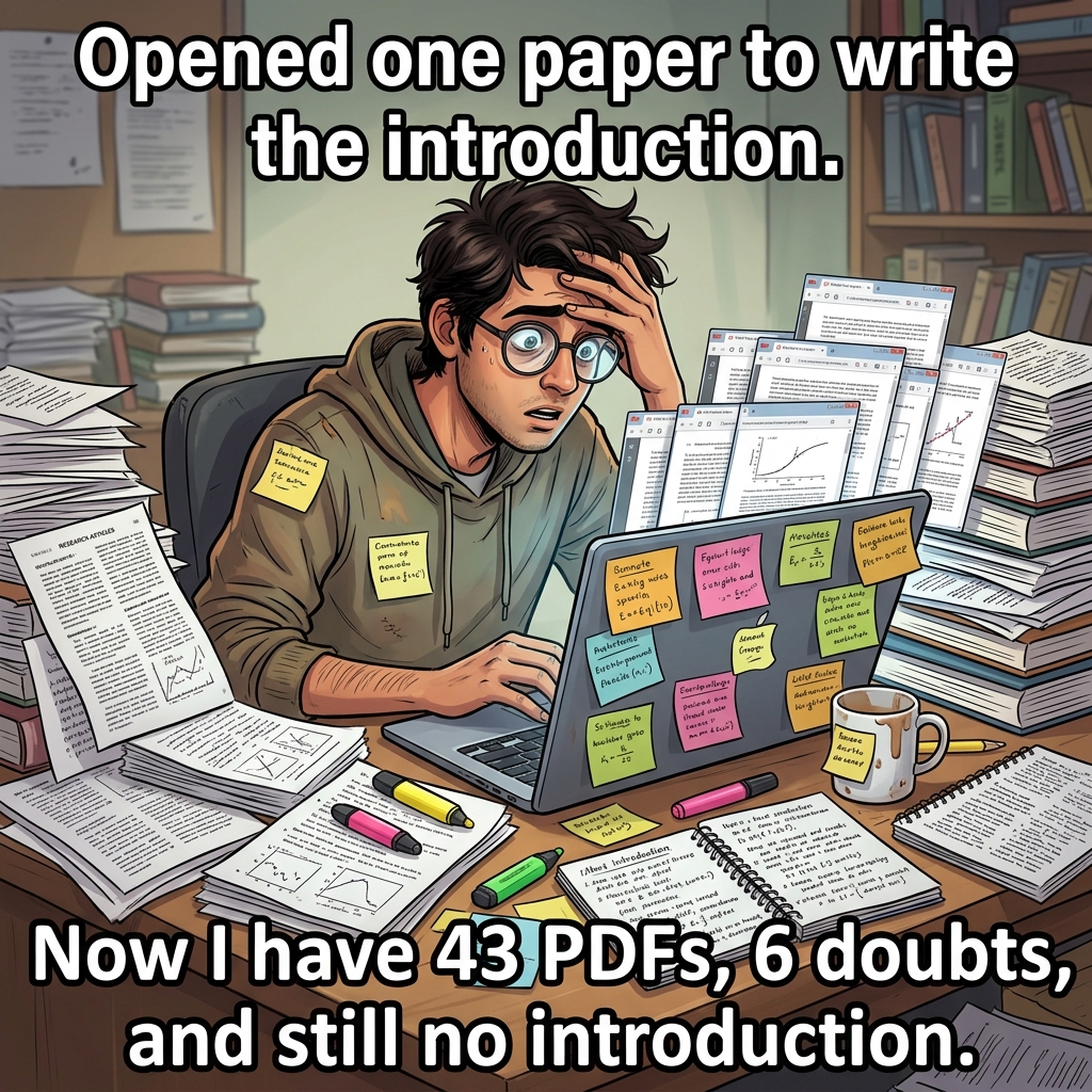 Forty-Three PDFs, No Introduction: Literature review progress measured in open tabs.